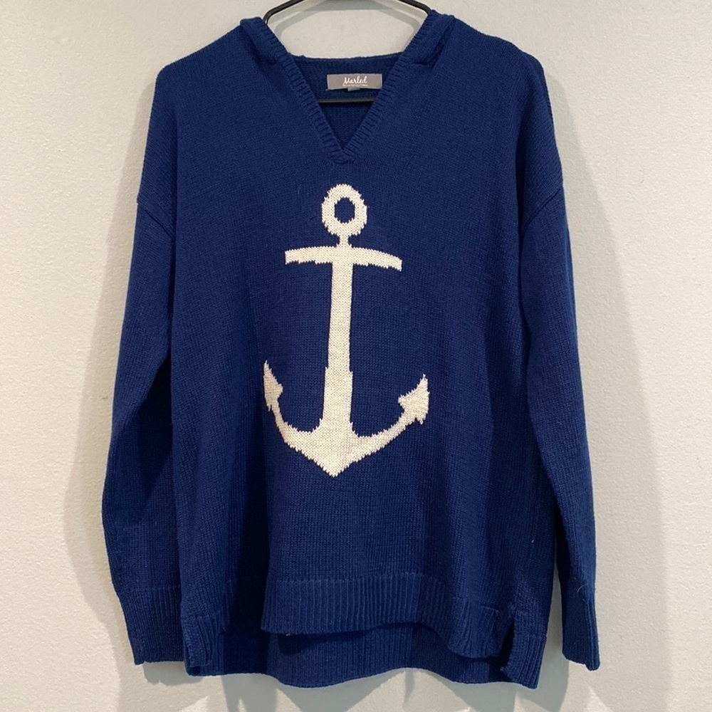 Marled Reunited Clothing Royal Blue with White Anchor V-Neck Sweater-Size Medium